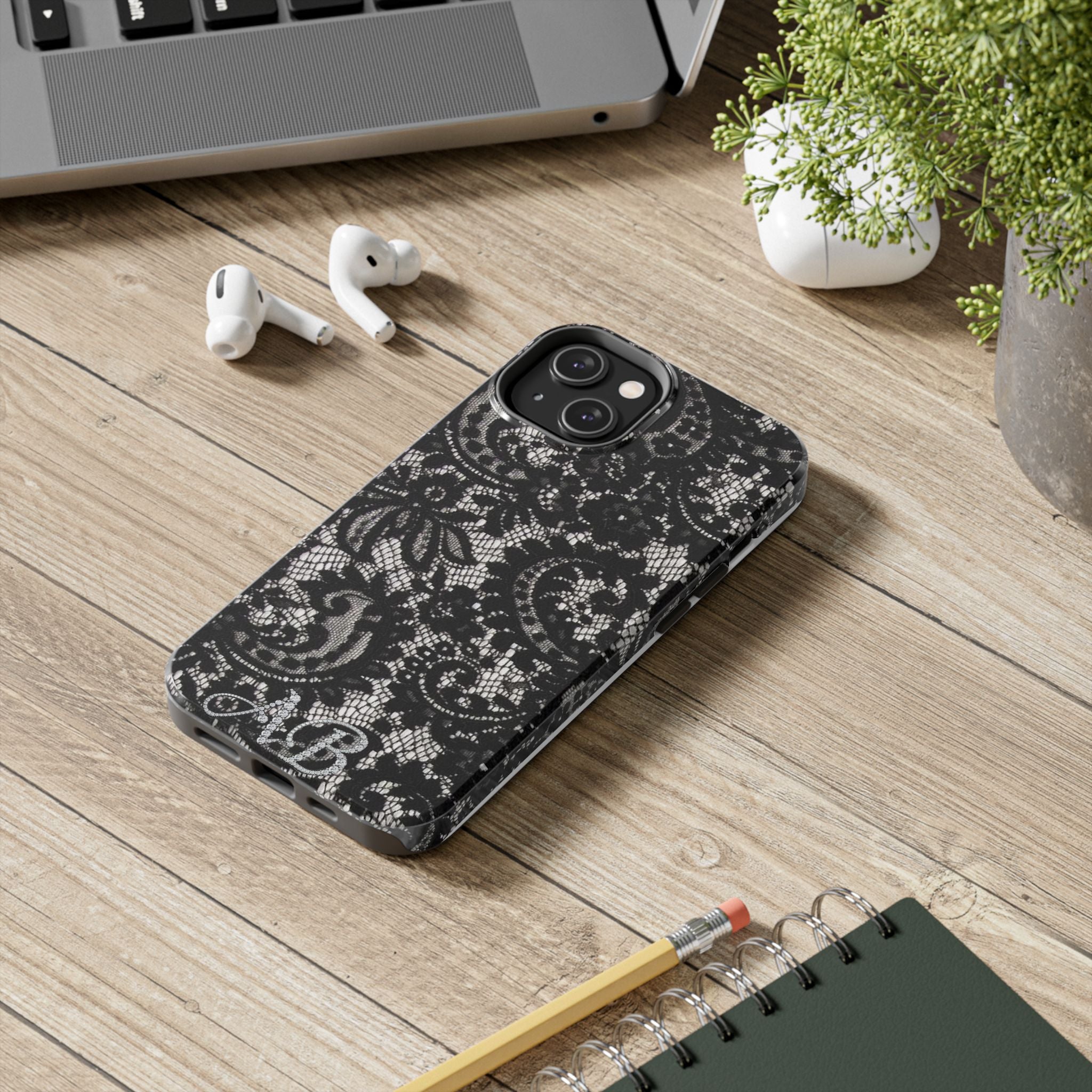 Hand-Bedazzled Initials Lace iPhone Case