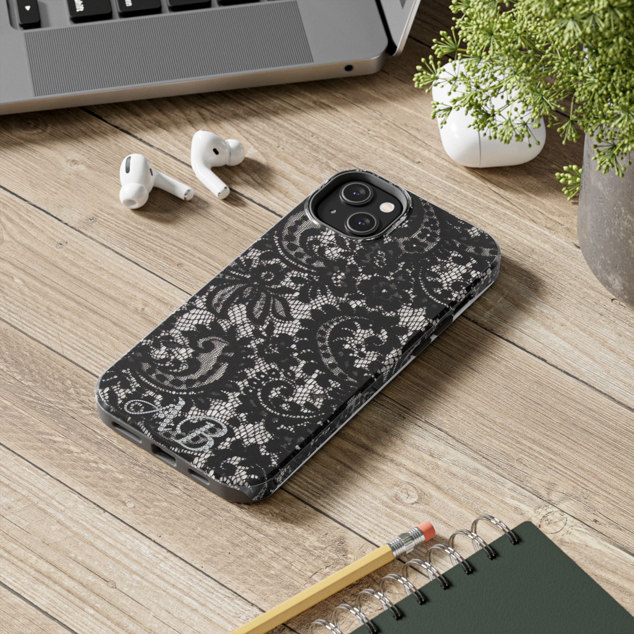 Hand-Bedazzled Initials Lace iPhone Case