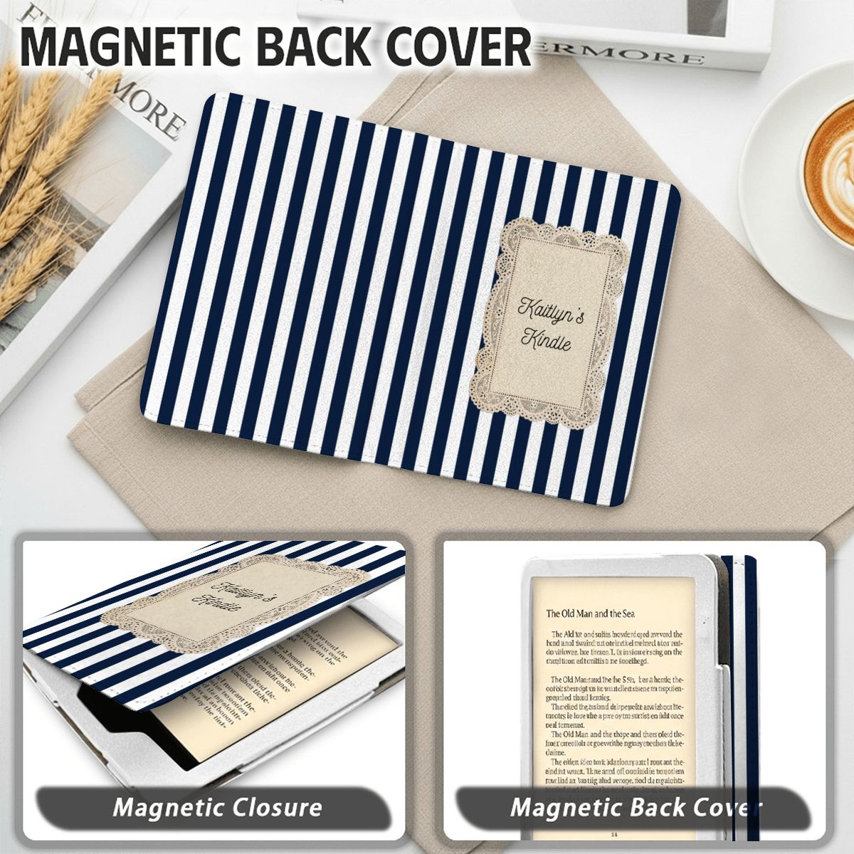 Blue Striped Custom Name Kindle Case 7"